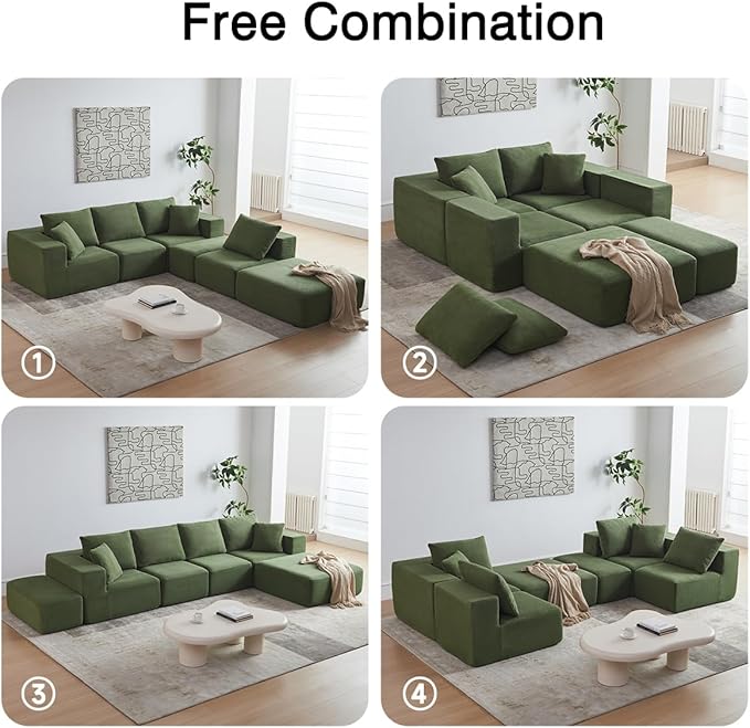 152'' Modular Sectional Sofa Oversized Corduroy Cloud Couch 6 Deep Seat Memory Foam Couch Green Sofa with 6 Pillows Boneless Couches for Living Room Office No Assembly Required