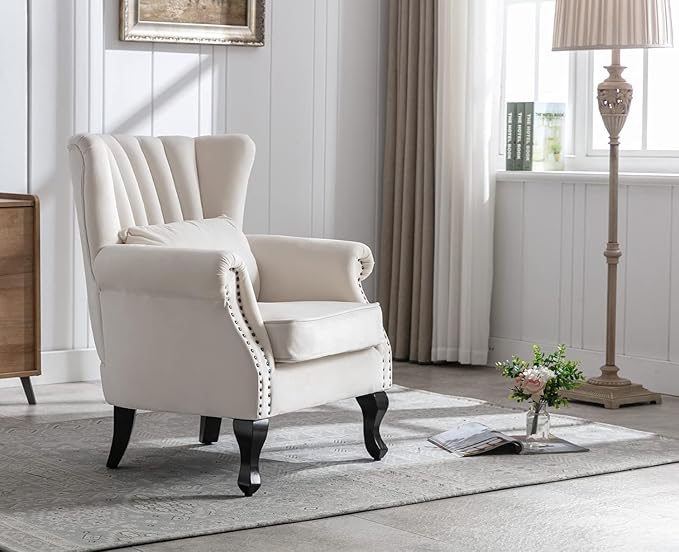 Kmax Cream Accent Chair Velvet Wingback Chair with Pillow Nail-Head Channel Tufted Oversized Club Chair for Living Room Bedroom Guest Room