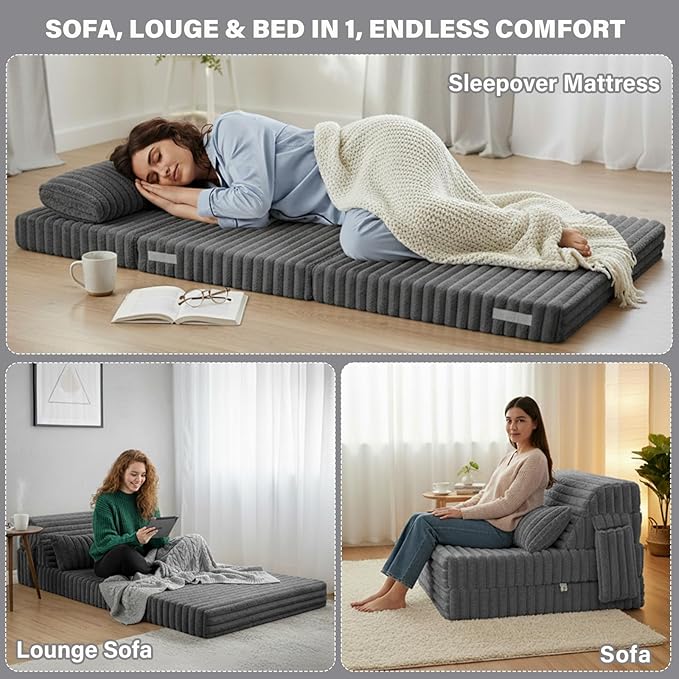 Tiita Folding Sofa Bed Twin Size Convertible Sleeper Chair Mattress with Pillow Thick Corduroy Floor Mattress Couch Bed with Side Pocket Guest Room Dorm Apartment Grey