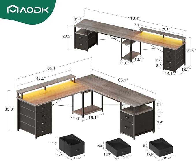 AODK 66 L Shaped Desk 113 Computer Desk with File Cabinet &amp 4 Fabric Drawers Home Office Desk with Monitor Shelf &amp Power Outlet Two Person Desk or Corner Desk Gaming Table with LED Light