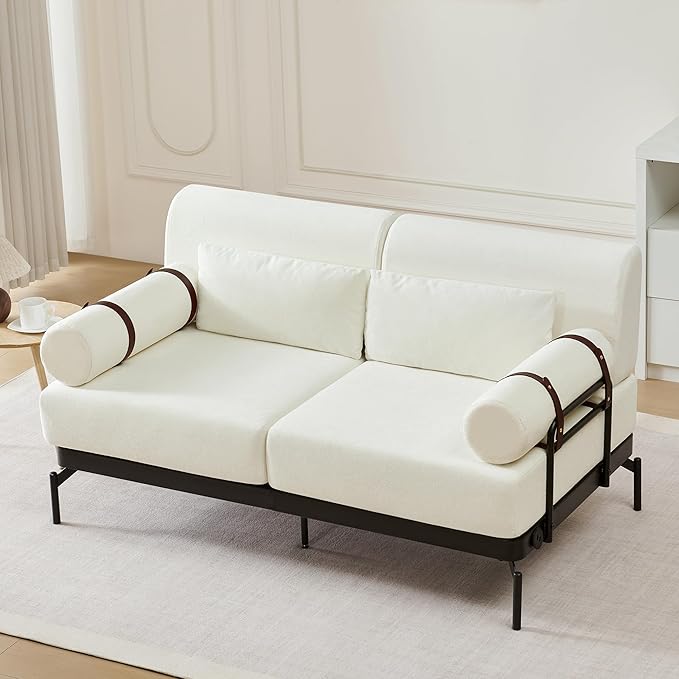 Ball &amp Cast Futon Sofa with Flexible USB Ports Modern Loveseat Sofa Couch 2-Seater Sofa with Unique Cylindrical Armrestsfor Small Spaces Living Room or Office Corduroy Futons Sofas (White)