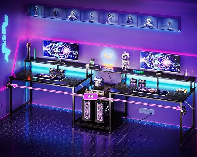 Casaottima 98 Inch 2 Person Gaming Desk with Storage Shelves Long Double Home Office Computer Writing Desks with USB Charging Port &amp LED Lights Monitor Stand Modern Study/Work TableBlack
