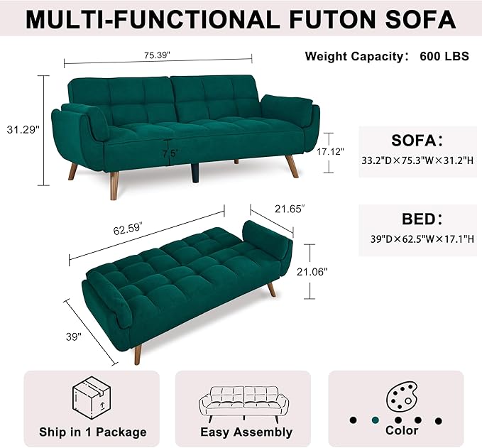 Convertible Futon Couch Bed Sleeper Sofa Bed with Adjustable Backrests Linen Loveseat Sofa 3 Seater Comfy Couch for Small Spaces Living Room Bedroom(Green 75)