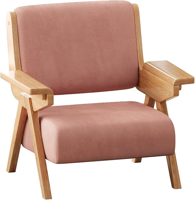 Accent Chair Mid Century Modern Chair Velvet Upholstered Lounge Arm Chair with Solid Wood Cozy Seating for Living Room Bedroom Balcony (Pink Single Chair)