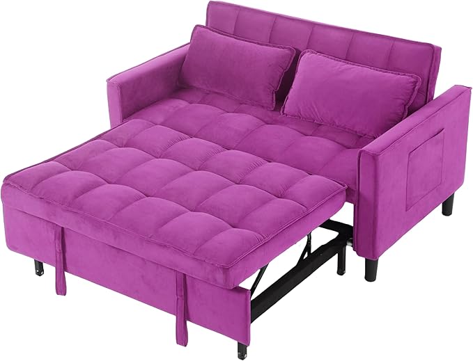 3 in 1 Convertible Sofa Bed Love Seat Sleeper Bed with Side Pockets Velvet Fabric Pull Out Couch with Adjustable Backrest for Living Room Bedroom Apartment Deep Pink