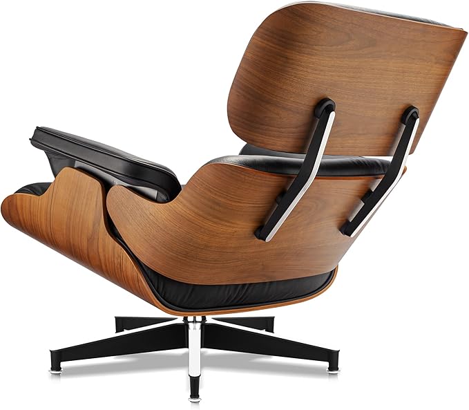 Top Black Grain Leather Mid Century Chaise Lounge Chair and Ottoman Modern Chair Classic Design Walnut Wood Heavy Duty Base Support for Living Room Office