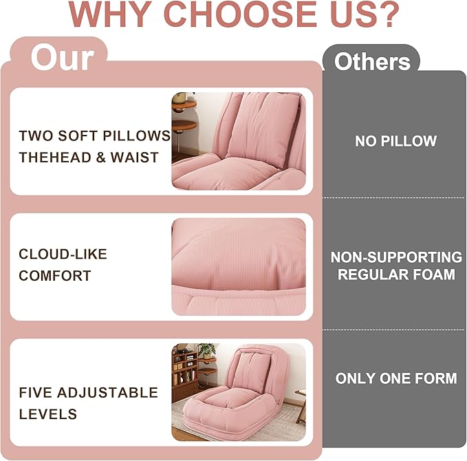 71 Upholstered Human Dog Bed for Adults &amp Pets 5 Adjustable Foldable Lazy Sofa Bed with 2 Soft Pillows for Bedroom Living Room Reading Corner Pink