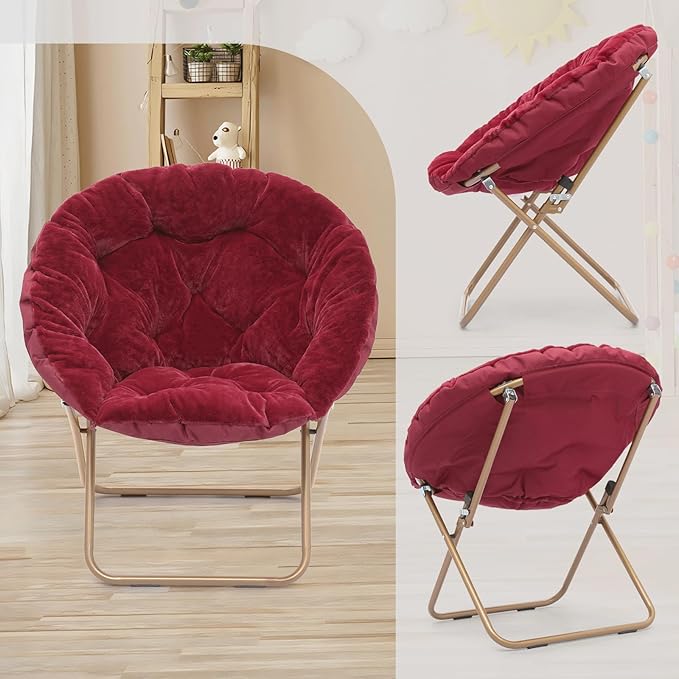 Athena Collection Round Saucer Chair with Ottoman Set of 2 for Adults Oversize Comfy Cozy Faux Fur Folding Reading Chair with Metal Leg Lazy Relaxing for Living Room Bedroom Dorm Apartment Red