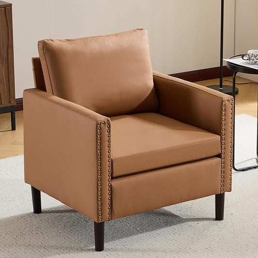 MOJAY Modern Accent Chairs Mid-Century PU Leather Armchair Living Room Chair for Bedroom Upholstered Comfy Sofa Chair with Wood Legs for Apartment Reading Room (Brown)