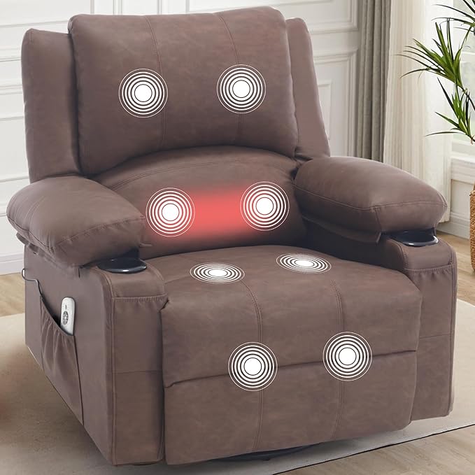 Faux Leather Swivel Rocker Recliner with Heat and Massage Cup Holders Overstuffed Rocking Glider Chair Heated Massaging Reclining Chair Earthy Brown