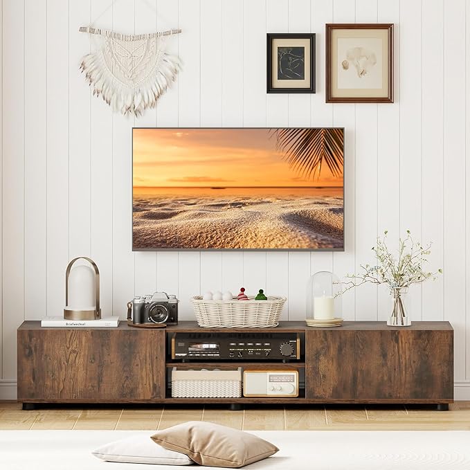 Tangkula Modern TV Stand for up to 70” TVs 63”L Minimalist Entertainment Center w/ 2 Doors &amp Open Shelves Media Console Table Storage Cabinet with 6 Support Feet for Living Room (Rustic Brown 6
