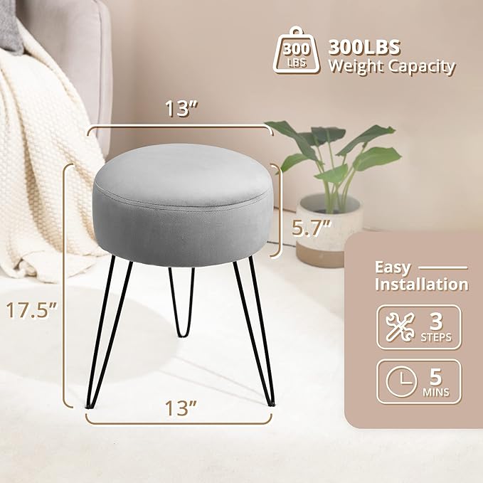 LUE BONA Vanity Stool Gray Vanity Stools for Makeup Room Round Ottoman Foot Stool Velvet Footrest Vanity Chair for Bathroom Vanity Bedroom Living Room Entryway Offices 300lbs