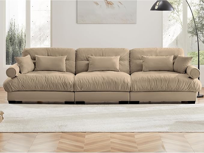 Oversized Modular Sectional Sofa 130 Inch Comfy Velvet Cloud Couches for Living Room Office 3-Seater Sofa with 5 Pillows Round Bolster Armres Camel