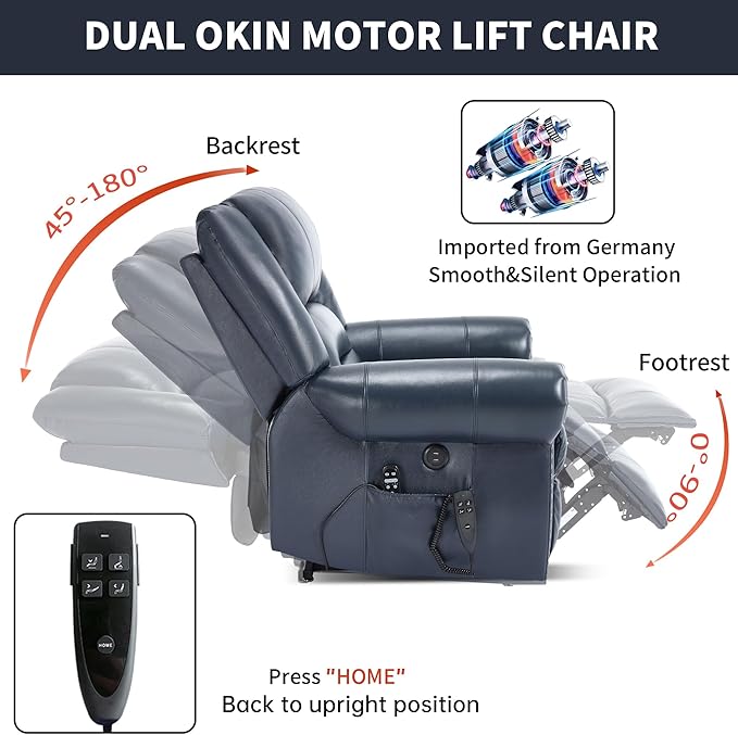 Genuine Leather Power Lift Recliner Chair Lazy Boy Recliner Chair with Charging Ports for Living Room Theater Seating Electric Single Sofa with Round Armrest Blue