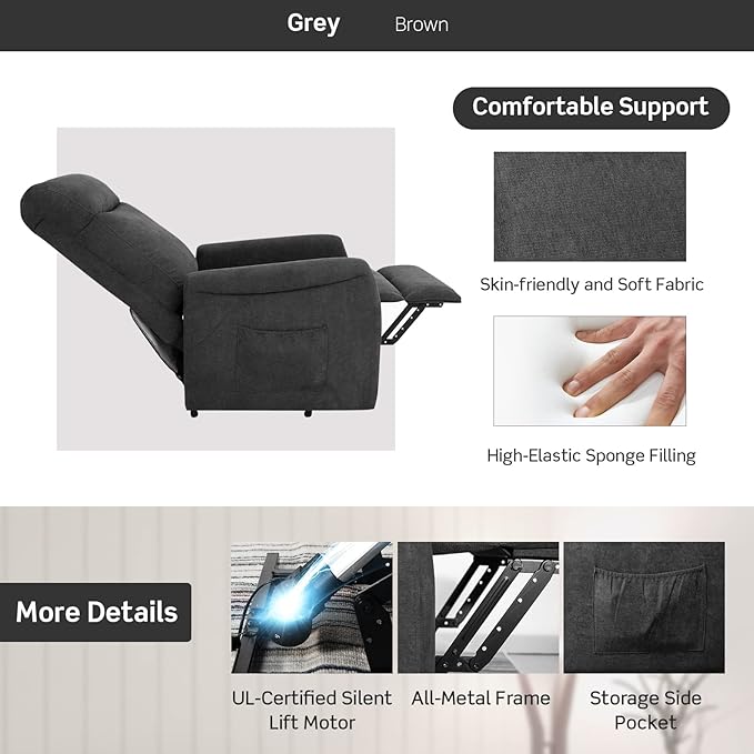 Giantex Power Lift Recliner Chair for Elderly Ergonomic Lounge Chair w/Remote Control Adjustable Backrest Side Pocket Electric Stand-Up Fabric Arm Chair for Bedroom Living Room Nursery (Grey)