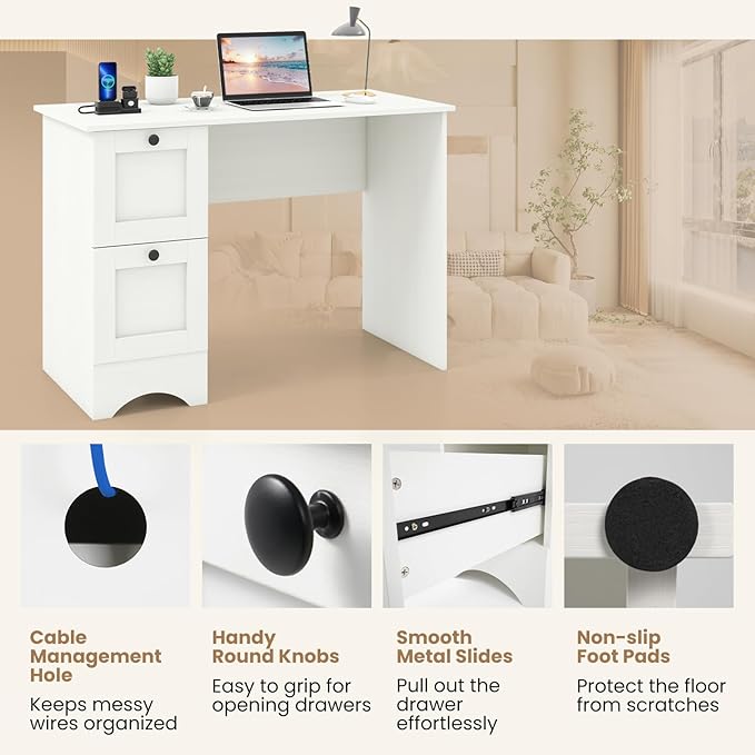 Tangkula White Desk with Drawers &amp Charging Station Wooden Home Office Desk PC Laptop Notebook Desk Compact Study Desk Writing Desk Computer Workstation Ideal for Home &amp Office