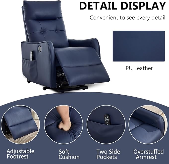 Small Power Lift Chair Recliner for Elderly Petite Power Recliner Chair with Massage and Heat | USB | High Back | Push Button | Side Pockets Liviing Room Easy Assembly (PU Leather Dark Blue)