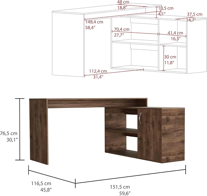 Home Office Desk Modern L-Shaped Computer Desk with Open &amp Closed Storage -Dark Brown
