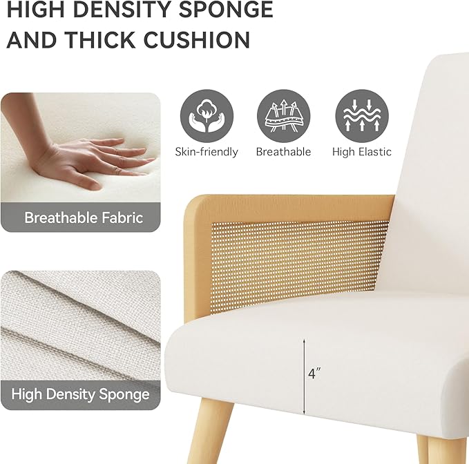 Accent Chair with Rattan Arms Set of 2 Dining Chair with Wood Legs Modern Armchair for BedroomLiving Room and Kitchen Lounge Chair Reading Chair Beige