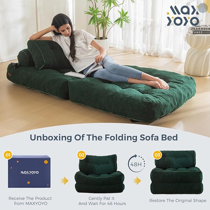 MAXYOYO Folding Sofa Bed Convertible Sleeper Chair with Pillow Portable Fold Out Sofa Couch Boucle Fabric Comfy Foldable Mattress with Back Support for Living Room Apartment