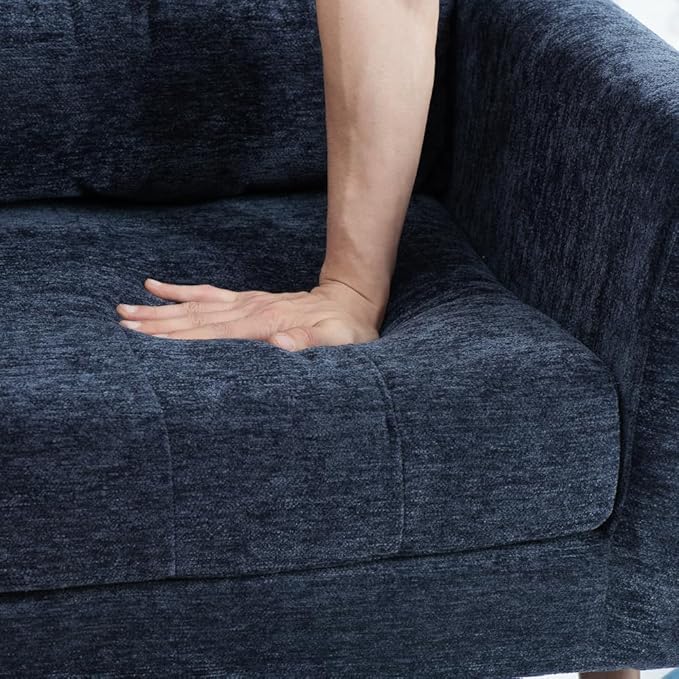 Modern Accent ChairChenille Arm Chairs for Living RoomUpholstered Mordern ArmchairComfy Soft Padded Lounge Chair in Small Space Bedroom w/Pillow Solid Wood Leg (Dark Blue + Chenille)