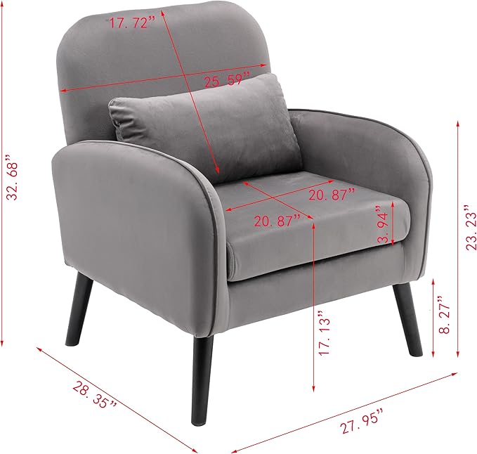 Mid Century Modern Accent ChairSingle Sofa Chair with Solid Wood Legs Comfy Fabric Upholstered Reading Armchair with A Soft Cushionfor Living Room BedroomApartmentOffice (Light Gray)