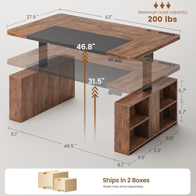 SEDETA 63 Executive Standing Desk with Storage Executive Height Adjustable Desk with Power Outlets Large Computer Office Desk with Privacy Panel for Home Office Warm Golden Brown
