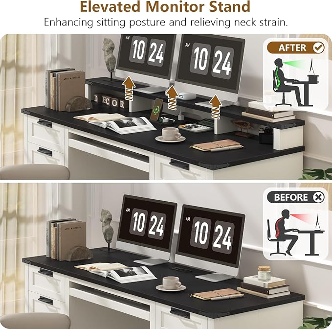 60 Farmhouse Executive Desk with 8 Drawers Wood Computer Desk with Keyboard Tray and Charging Station Home Office Desk Writing with File Drawer Fits A4 Size for Work and Study White and Black