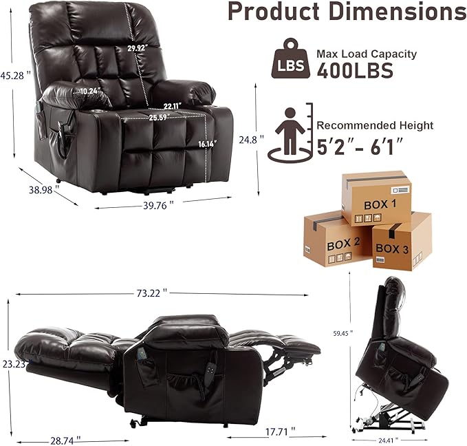 Oversized Power Recliner Chair for Big and Tall 400 LBS 25.5 Extra Wide Electric Lift Chair with Heat and Massage Dual Motor 180° Lay Flat Recliner Living Room Sofa PU Leather Big Recliner