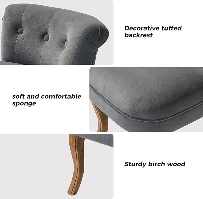 HULALA HOME Velvet Vanity Stool with Low Back Modern Vanity Chair with Solid Wood Legs Small Upholstered Makeup Chair Home Decor for Bedroom Living Room Dressing Table Women Girls Grey