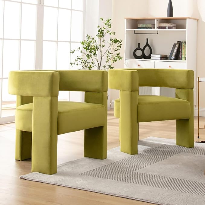ROCTY Green Velvet Barrel Accent Chairs - Set of 2 Upholstered Side Chairs with Arms for Comfortable Sitting in Living Room or Bedroom