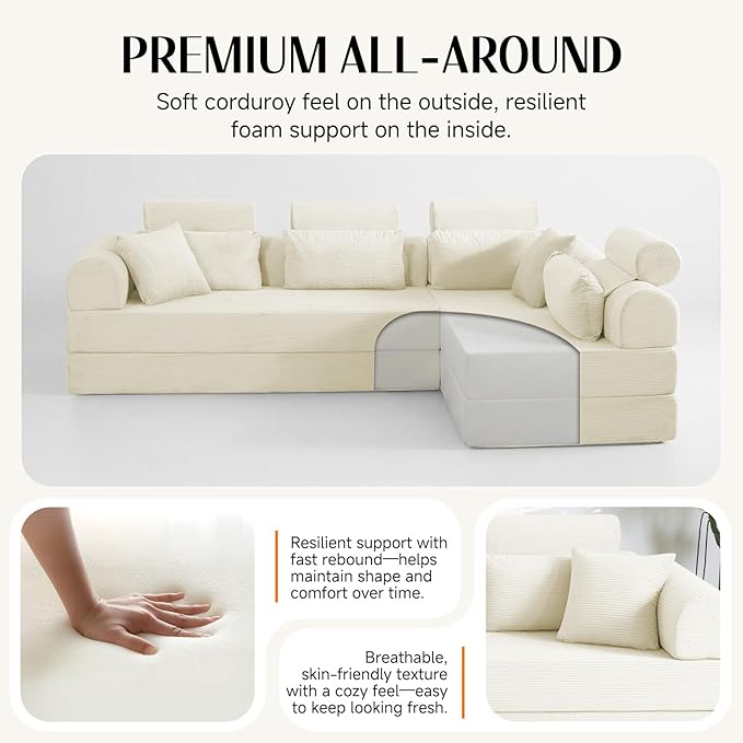 106 L-Shaped Modular Boneless Couch 2-Piece System (2×70.87) Convertible Sectional to 141.7 Straight Sofa Corduroy Couch in a Box Headrest &amp Back Pillows for Living Room Lvory