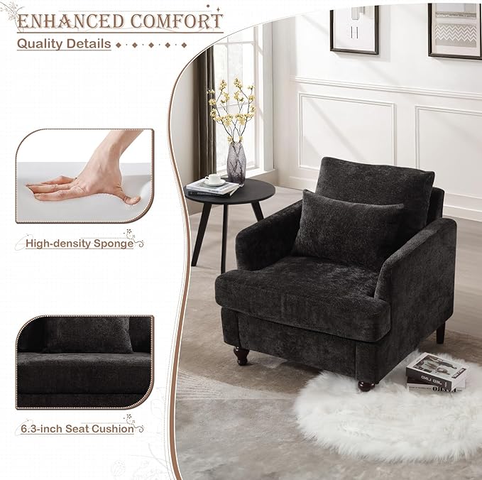 KINFFICT Modern Accent Chair for Living Room Upholstered Single Sofa Chair with Lumbar Pillow Comfy Armchair with Thickened Cushion Living Room Chairs for Bedroom Office Black Chenille