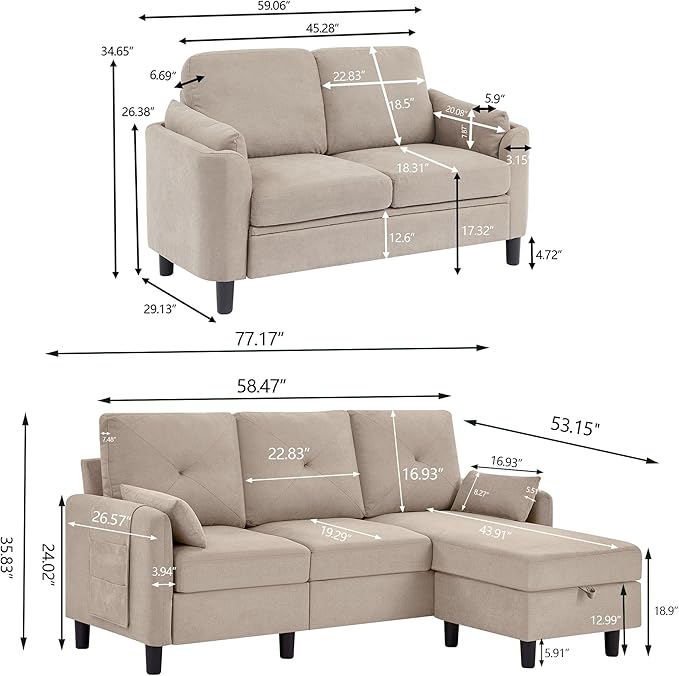 2 Piece Sofa Set Modern 3 Seater Sofa and Loveseat Sets Convertible Sectional Couch with Reversible Chaise L Shaped Couch Sets for Living Room ApartmentBeige