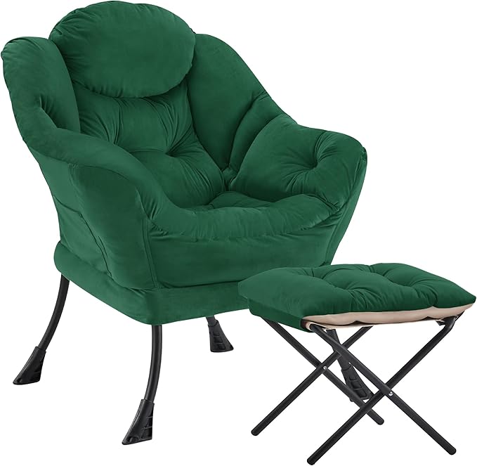 Lazy Chair with OttomanOversized Accent Chair with Thick Cushion Side PocketModern Lounge Arm Reading Chair and Folding Footrest for Living RoomBedroomOfficeDormApartment Green