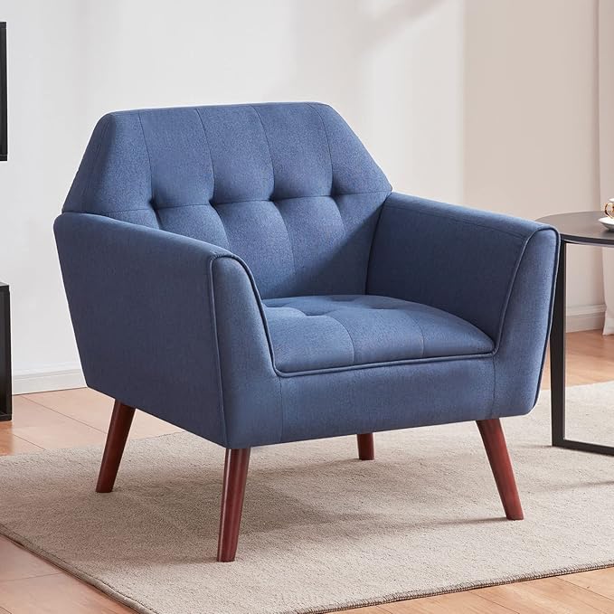 Kingfun Accent Chairs for Bedroom Midcentury Modern Living Room Accent Arm Chair Linen Fabric Comfy Reading Chair Tufted Sofa Chair Blue