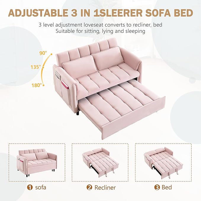 3 in 1 Convertible Sleeper Sofa Bed Modern Velvet Loveseat Pull-Out Couch Futon Love Seat Lounge Sofa with Pull-Out Bed &amp Adjustable Backrest and Side Pocket for Small Apartment Bedroom