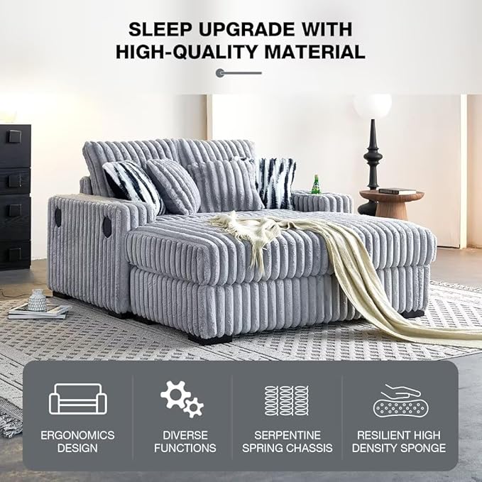 Oversized Sofa Corduroy Upholstered Cloud CouchCup Holders and USB Ports &amp Wirelessly Charged &amp Bluetooth Speakers Deep Seat for Loveseat Living Room Office