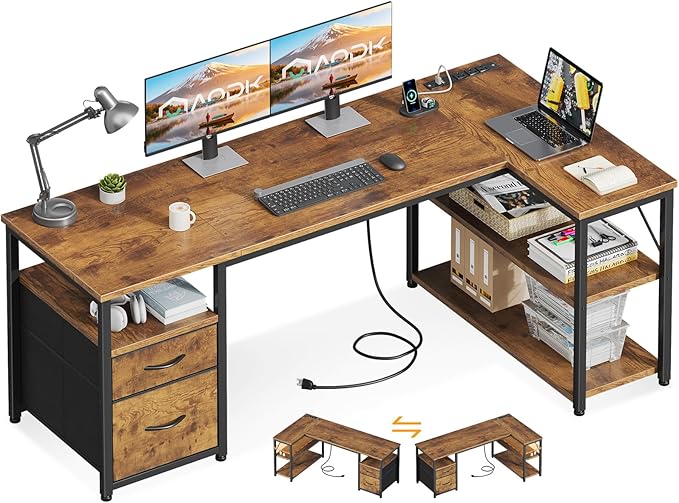 AODK 55 inch L Shaped Computer Desk with Drawers Reversible Computer Desk with Storage Shelves Home Office Desk with Built-in Power Outlet Rustic Brown