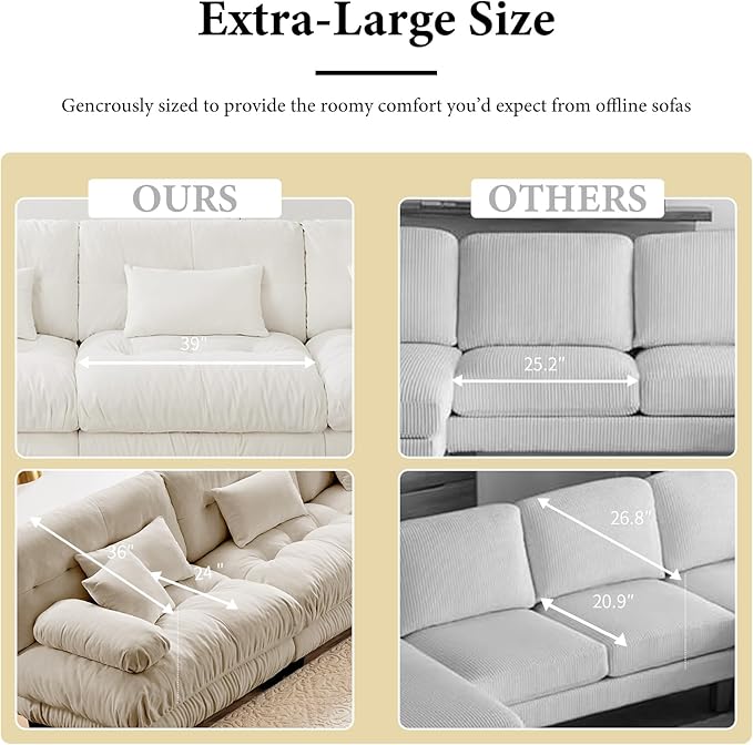 133.8 Oversized Couch 3 Seater Modular Sectional Sofa Beige Large L Shaped Sectional Couches for Living Room Fluffy Couch Set 3 Seater Velvet Cloud Couches with Ottoman Sofas for Living Room