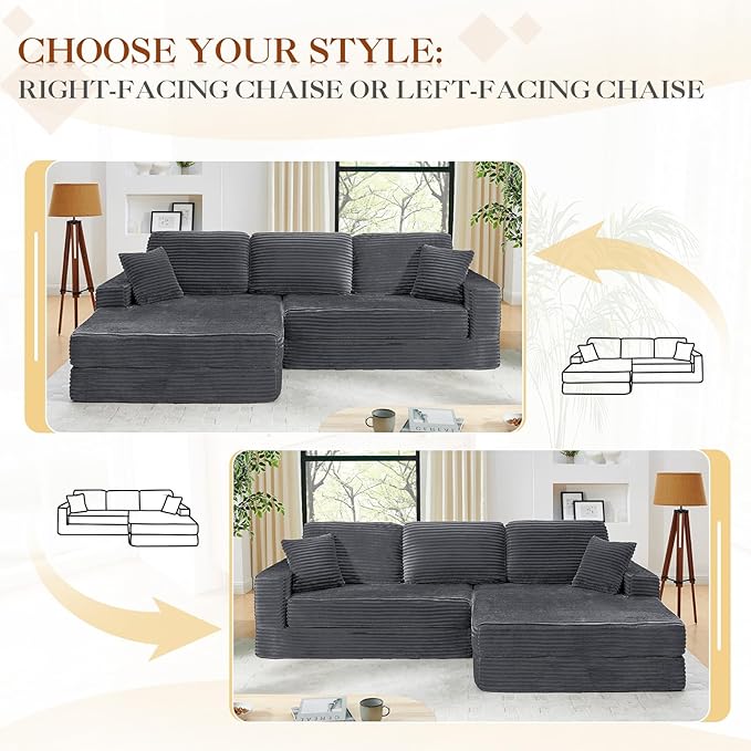 112.6 Oversized Fold Out Couch Bed King 3 in 1 Convertible Modern L Shape Cloud Modular Sectional Comfy Boneless Foam Couch Futon for Living Room No Assembly(Grey CorduroyRight Facing Chaise)