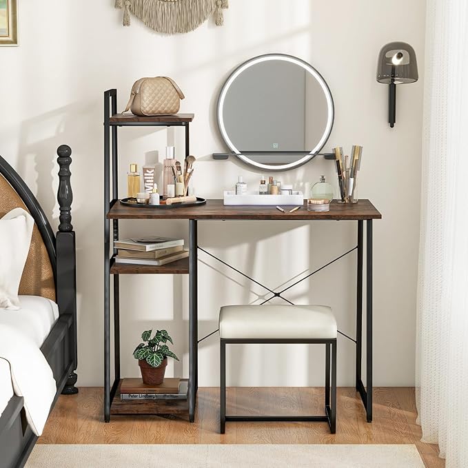 Tangkula Computer Desk with Shelves Space Saving Home Office Desk with 3-Tier Ladder Shaped Storage Bookshelf Modern Writing Study Desk with Metal Frame Compact Computer Workstation (Rustic Brown)