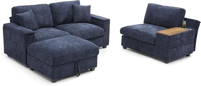 Oversized L-Shaped Modular Sectional Sofa with Storage Armrest Reversible Couch with Movable Ottoman USB Ports Cup Holders 360°Swivel Tray Comfy Cloud Cushions for Living Room or Apartment Blue