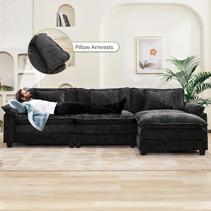 120 Modular Sectional Sofa Comfy Cloud Couch Sectional Sofa with Ottoman Chenille Sofa Sleeper Deep Seat Sofa with Throw Pillows for Living Room (Black 120- L Shape)