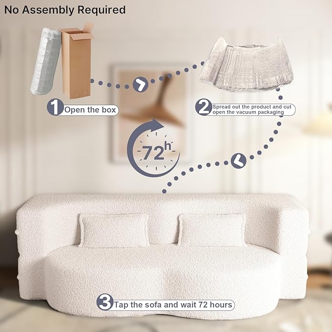 78 Inch Couch Queen Sleeper Loveseat Cloud Sofa Bed Convertible Folding Teddy Full Size Boneless Sofabed for Living Room Guestroom Lazy Lounge Floor Fold Out Sofa Bed No Assembly (Beige)