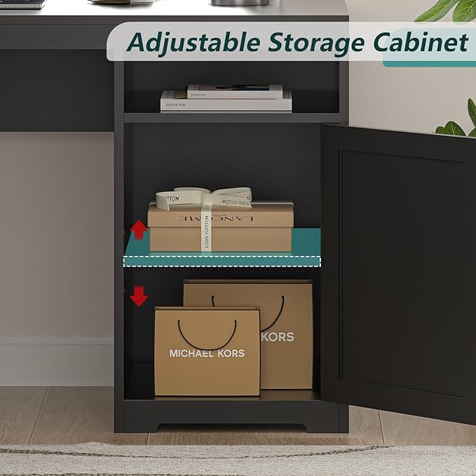 63 Farmhouse L Shaped Desk with Drawers &amp Storage Shelf Corner Computer Desk with Power Outlets for Home Office Executive Desk with Monitor Stand Printer Shelf Black