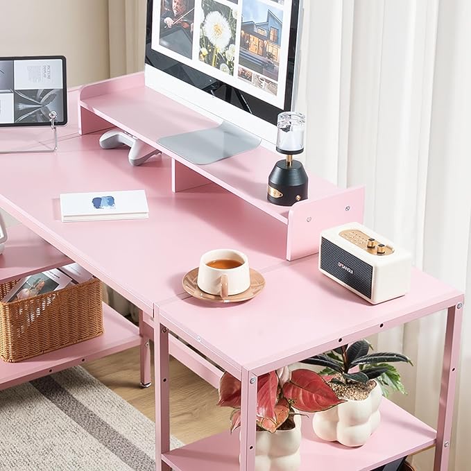 Computer Desk 55-inch with Storage Shelf - Pink Ideal Gaming Desk for Bedrooms Small Spaces and Home Offices Modern Writing Desk for PCs.