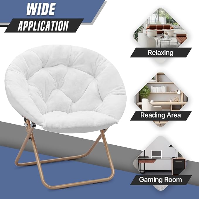 Round Comfy Saucer Chair with Headrest Large Cozy Metal Frame Cozy Lounge Lazy Chair Folding Faux Fur Saucer Chair for Adults Foldable Papasan Moon Chair