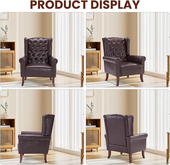 PU Leather Accent Chair Modern Wingback Armchair Club Sofa Chair High Back Living Room Chair for Bedroom Office Lounge (Caramel)