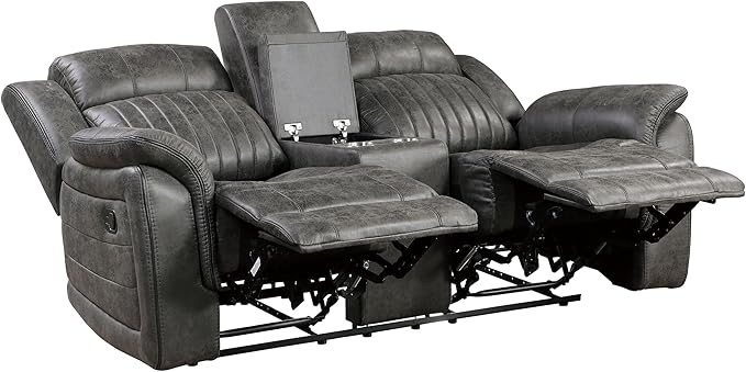 Lexicon 74 W Manual Double Reclining Loveseat with Center Console Polished Microfiber Recliner Loveseat Pillow Top Arms for Living Room Easy Assembly Brownish Gray